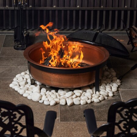 29.5 Inch Copper Fuoco Metal Kansa Large Outdoor Firepit With Mesh Guard
